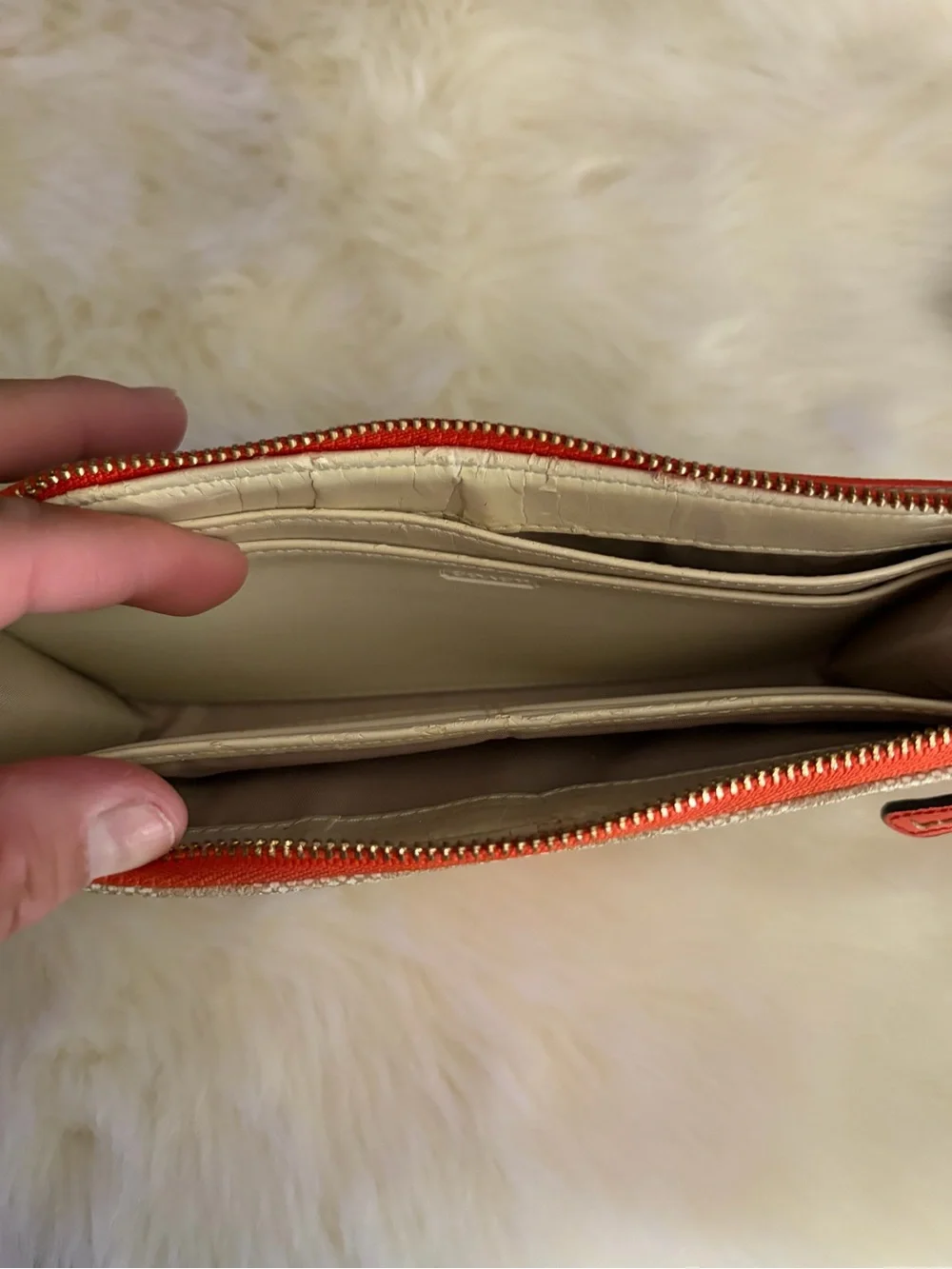 Coach Beige Signature Wristlet with Orange and White Stripes- Authentic